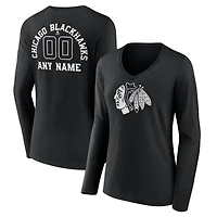 Women's Black Chicago Blackhawks Personalized Name & Number Monochrome Long Sleeve V-Neck T-Shirt