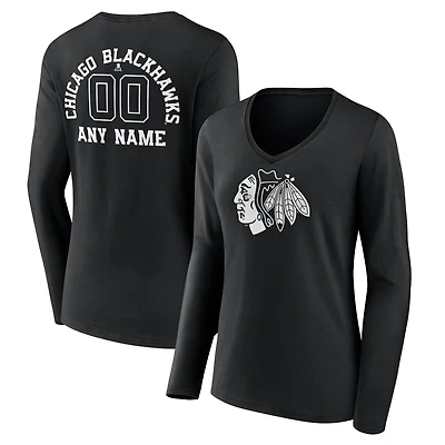 Women's Black Chicago Blackhawks Personalized Name & Number Monochrome Long Sleeve V-Neck T-Shirt