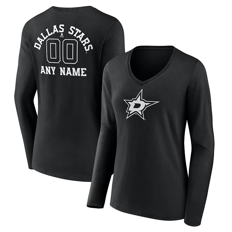 Women's Black Dallas Stars Personalized Name & Number Monochrome Long Sleeve V-Neck T-Shirt