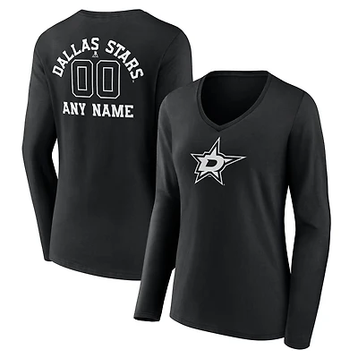Women's Black Dallas Stars Personalized Name & Number Monochrome Long Sleeve V-Neck T-Shirt