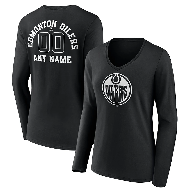 Women's Black Edmonton Oilers Personalized Name & Number Monochrome Long Sleeve V-Neck T-Shirt