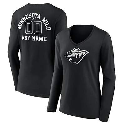 Women's Black Minnesota Wild Personalized Name & Number Monochrome Long Sleeve V-Neck T-Shirt