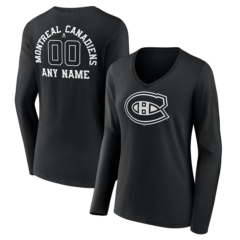 Women's Black Montreal Canadiens Personalized Name & Number Monochrome Long Sleeve V-Neck T-Shirt