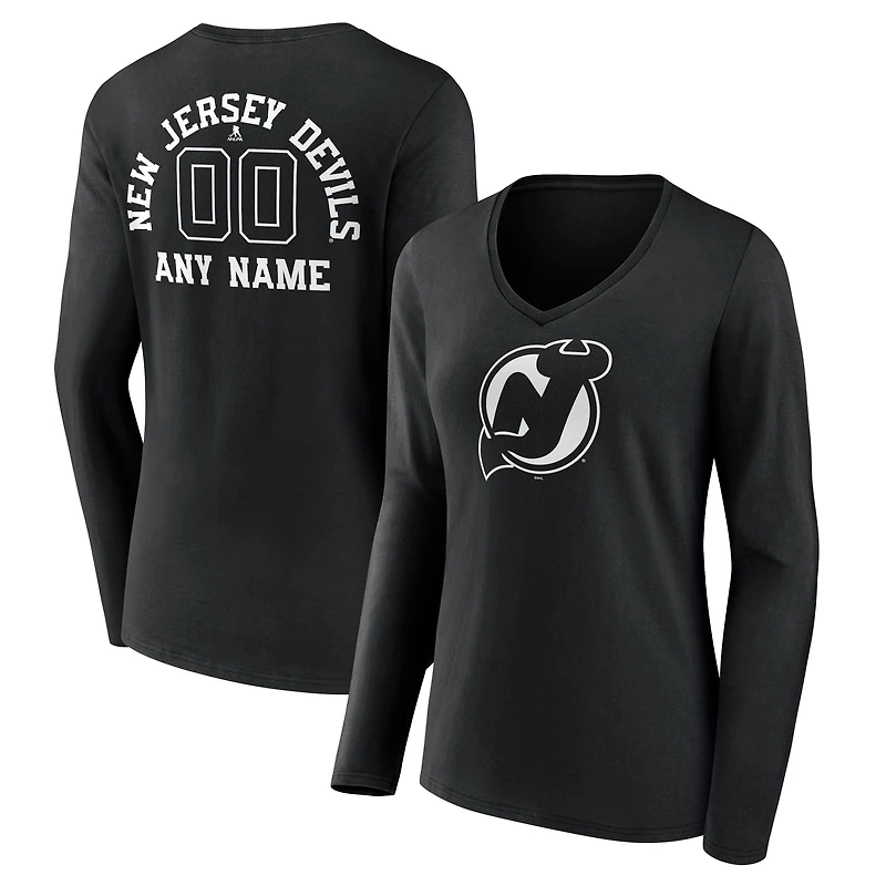 Women's Black New Jersey Devils Personalized Name & Number Monochrome Long Sleeve V-Neck T-Shirt