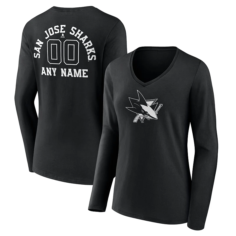 Women's Black San Jose Sharks Personalized Name & Number Monochrome Long Sleeve V-Neck T-Shirt