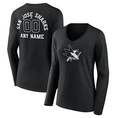 Women's Black San Jose Sharks Personalized Name & Number Monochrome Long Sleeve V-Neck T-Shirt