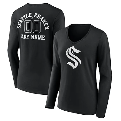 Women's Black Seattle Kraken Personalized Name & Number Monochrome Long Sleeve V-Neck T-Shirt