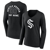 Women's Black Seattle Kraken Personalized Name & Number Monochrome Long Sleeve V-Neck T-Shirt