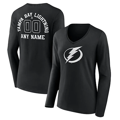 Women's Black Tampa Bay Lightning Personalized Name & Number Monochrome Long Sleeve V-Neck T-Shirt