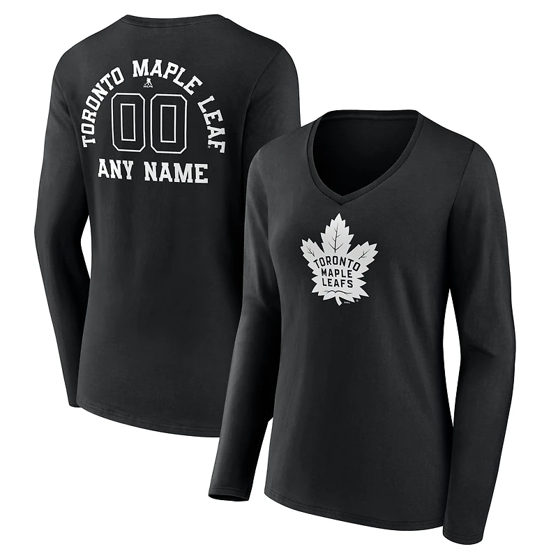 Women's Black Toronto Maple Leafs Personalized Name & Number Monochrome Long Sleeve V-Neck T-Shirt