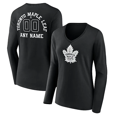 Women's Black Toronto Maple Leafs Personalized Name & Number Monochrome Long Sleeve V-Neck T-Shirt