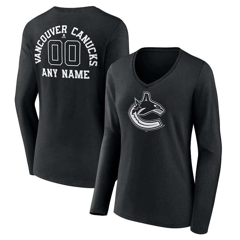Women's Black Vancouver Canucks Personalized Name & Number Monochrome Long Sleeve V-Neck T-Shirt