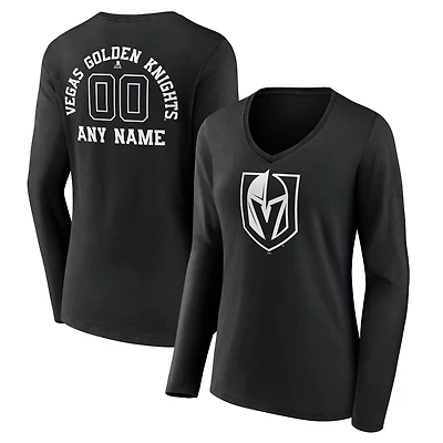 Women's Black Vegas Golden Knights Personalized Name & Number Monochrome Long Sleeve V-Neck T-Shirt
