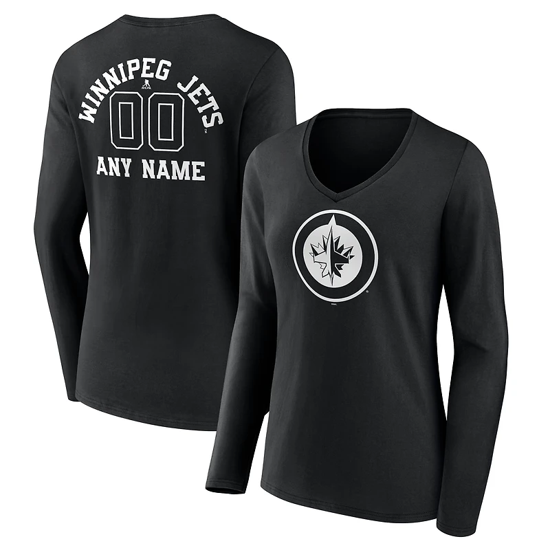 Women's Black Winnipeg Jets Personalized Name & Number Monochrome Long Sleeve V-Neck T-Shirt