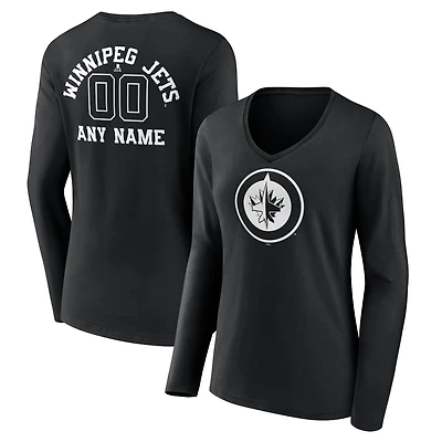 Women's Black Winnipeg Jets Personalized Name & Number Monochrome Long Sleeve V-Neck T-Shirt