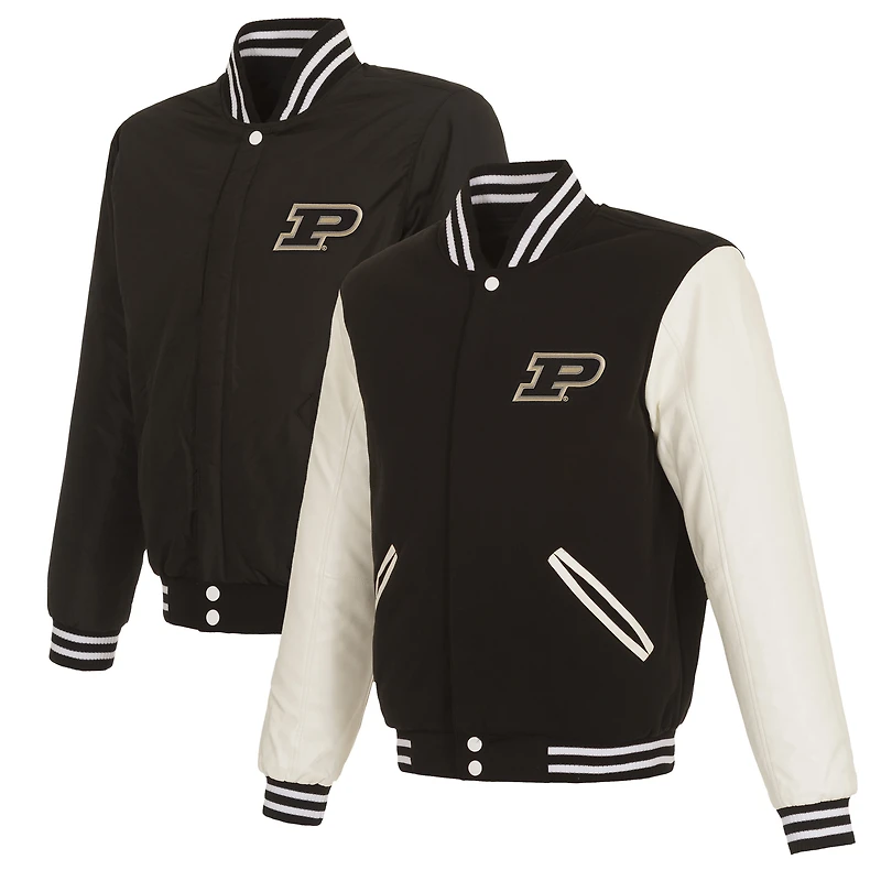 Men's JH Design Black/White Purdue Boilermakers Reversible Two-Tone Fleece Varsity Jacket