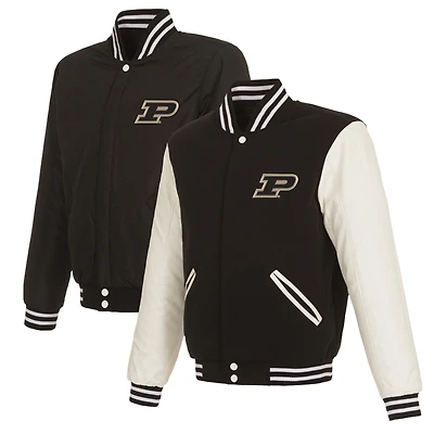 Men's JH Design Black/White Purdue Boilermakers Reversible Two-Tone Fleece Varsity Jacket