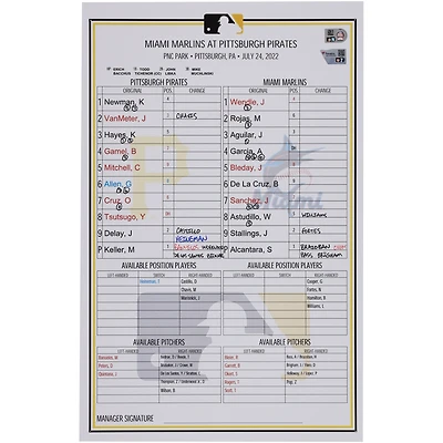 Pittsburgh Pirates Game-Used Lineup Card vs. Miami Marlins on July 24, 2022
