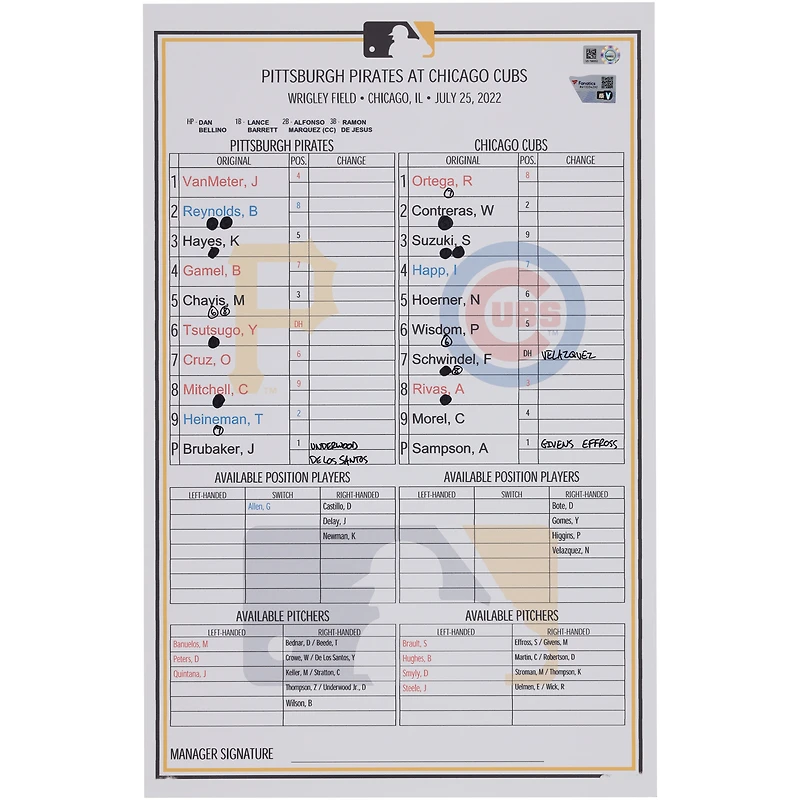 Pittsburgh Pirates Game-Used Lineup Card vs. Chicago Cubs on July 25, 2022