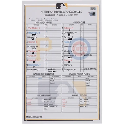 Pittsburgh Pirates Game-Used Lineup Card vs. Chicago Cubs on July 25, 2022