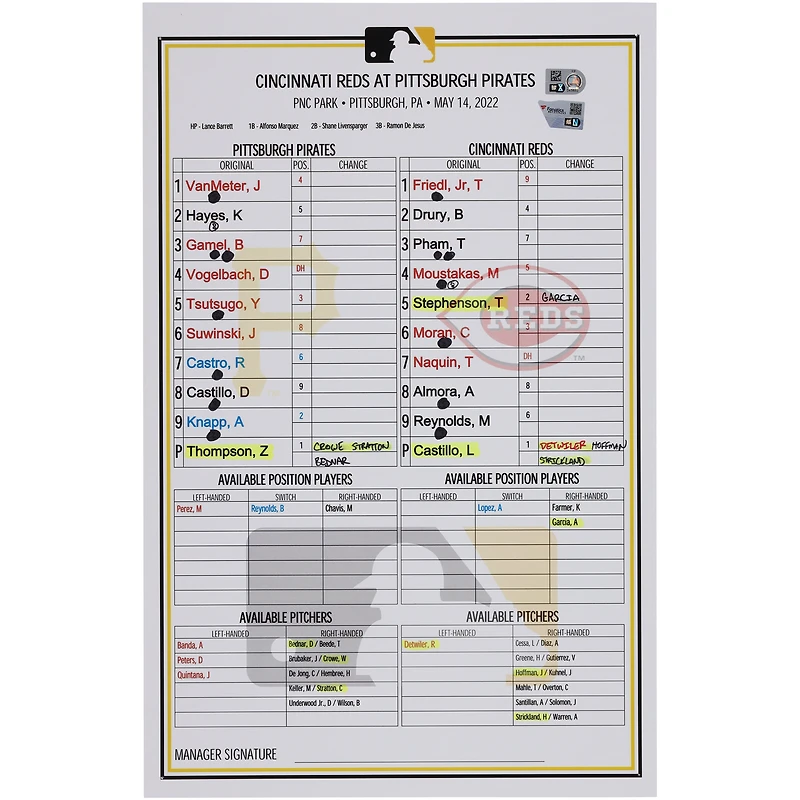 Pittsburgh Pirates Game-Used Lineup Card vs. Cincinnati Reds on May 14, 2022