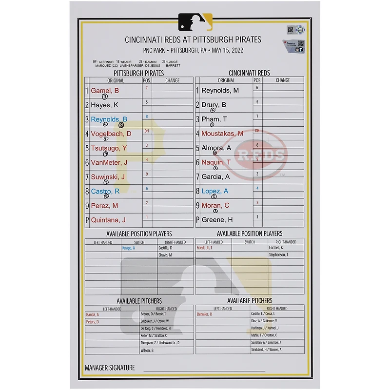 Pittsburgh Pirates Game-Used Lineup Card vs. Cincinnati Reds on May 15, 2022