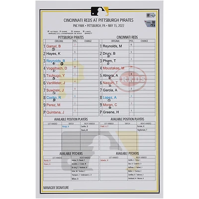 Pittsburgh Pirates Game-Used Lineup Card vs. Cincinnati Reds on May 15, 2022
