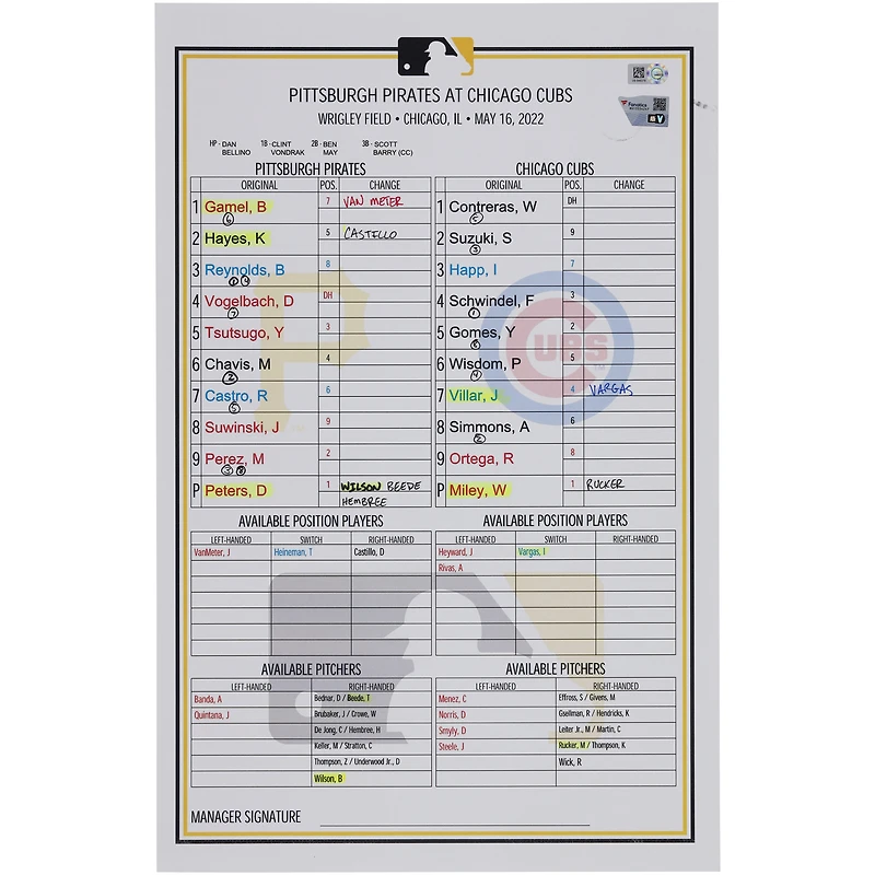Pittsburgh Pirates Game-Used Lineup Card vs. Chicago Cubs on May 16, 2022