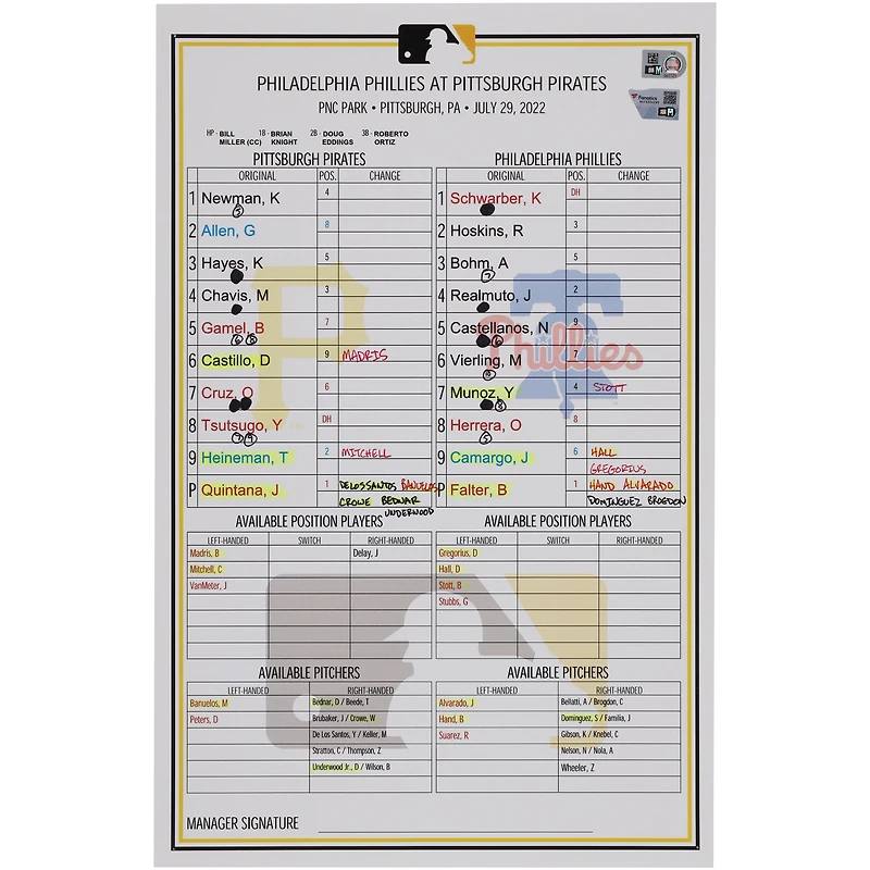 Pittsburgh Pirates Game-Used Lineup Card vs. Philadelphia Phillies on July 29, 2022
