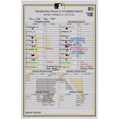 Pittsburgh Pirates Game-Used Lineup Card vs. Philadelphia Phillies on July 29, 2022