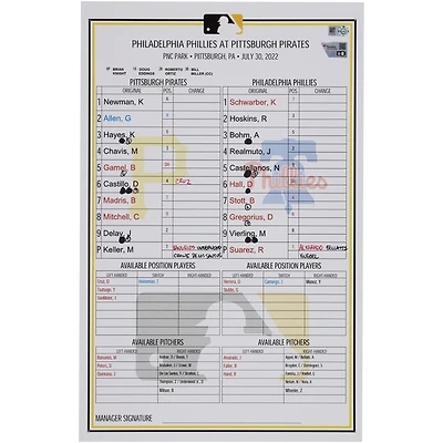 Pittsburgh Pirates Game-Used Lineup Card vs. Philadelphia Phillies on July 30, 2022