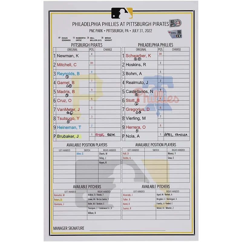 Pittsburgh Pirates Game-Used Lineup Card vs. Philadelphia Phillies on July 31, 2022