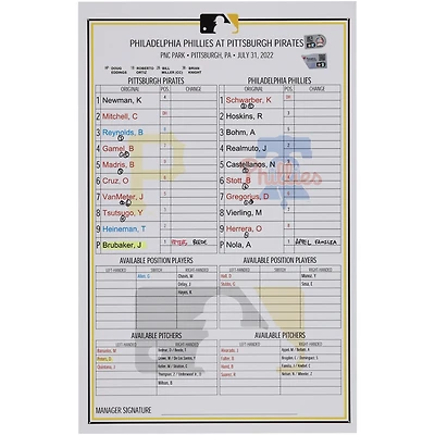 Pittsburgh Pirates Game-Used Lineup Card vs. Philadelphia Phillies on July 31, 2022