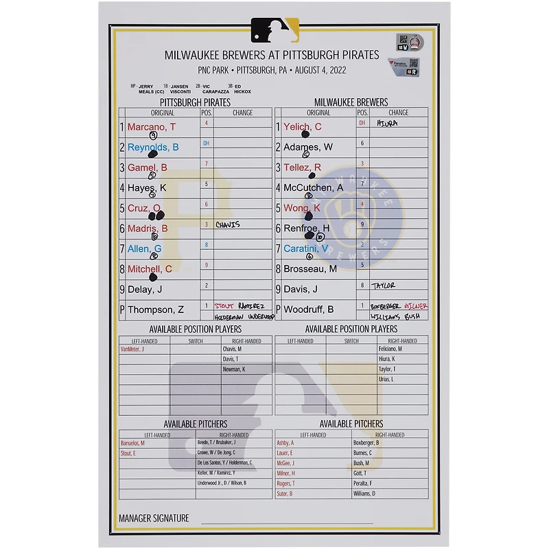 Pittsburgh Pirates Game-Used Lineup Card vs. Milwaukee Brewers on August 4, 2022