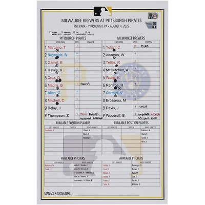 Pittsburgh Pirates Game-Used Lineup Card vs. Milwaukee Brewers on August 4, 2022
