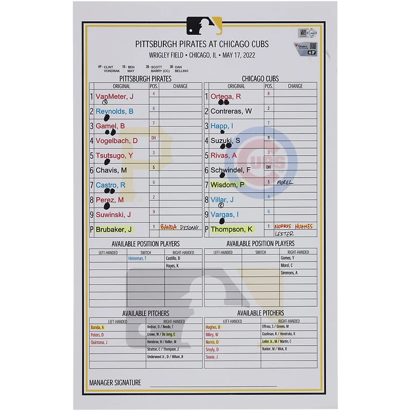 Pittsburgh Pirates Game-Used Lineup Card vs. Chicago Cubs on May 17, 2022