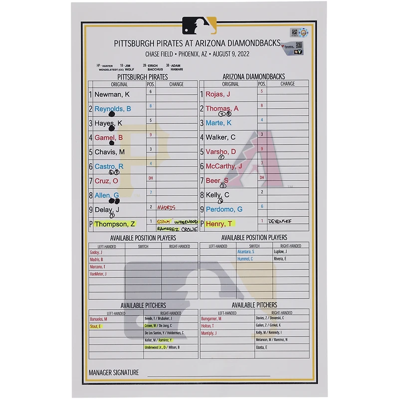 Pittsburgh Pirates Game-Used Lineup Card vs. Arizona Diamondbacks on August 9, 2022