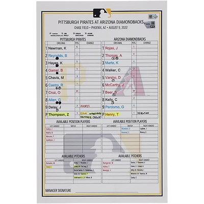 Pittsburgh Pirates Game-Used Lineup Card vs. Arizona Diamondbacks on August 9, 2022