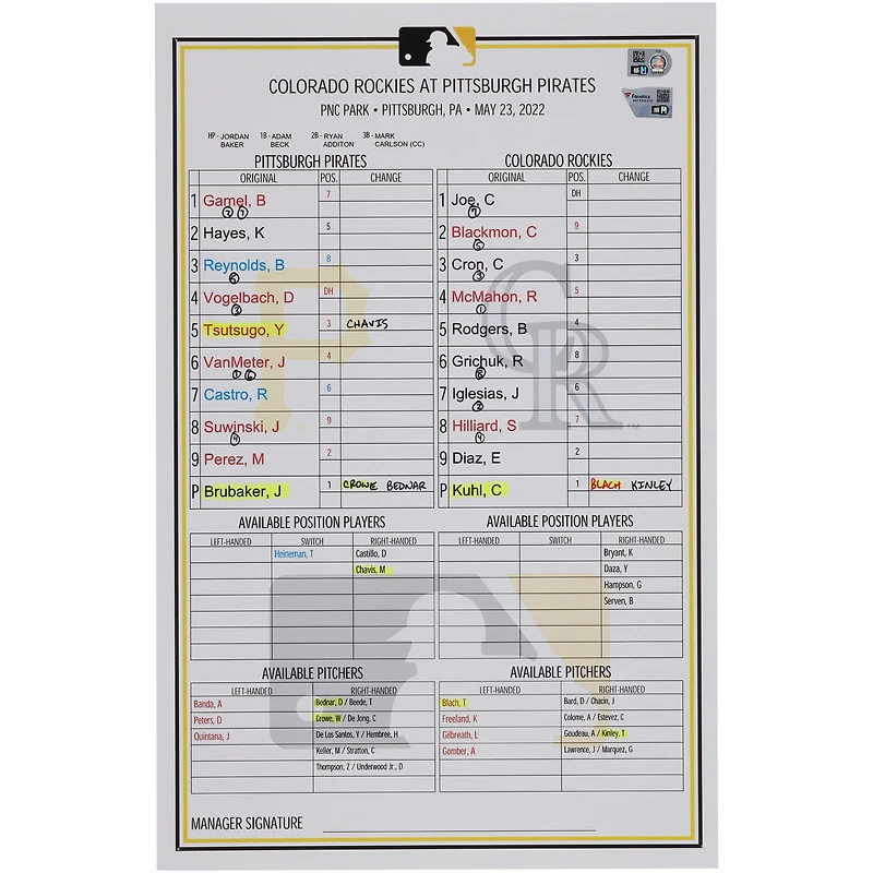 Pittsburgh Pirates Game-Used Lineup Card vs. Colorado Rockies on May 23, 2022
