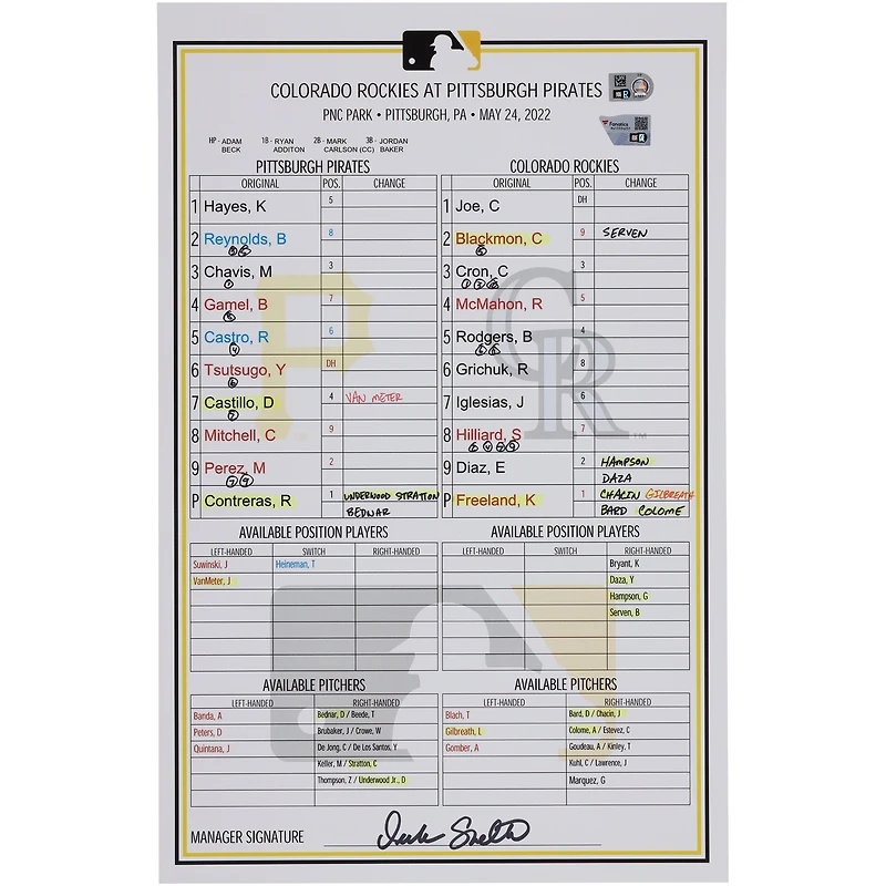 Pittsburgh Pirates Game-Used Lineup Card vs. Colorado Rockies on May 24, 2022
