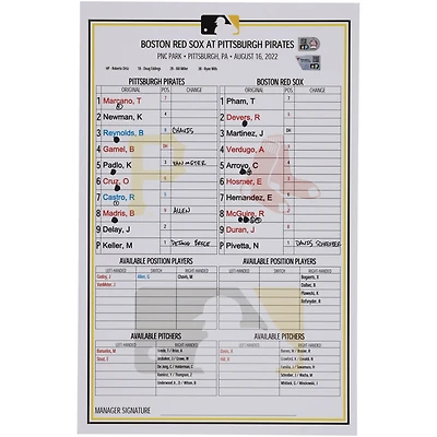 Pittsburgh Pirates Game-Used Lineup Card vs. Boston Red Sox on August 16, 2022