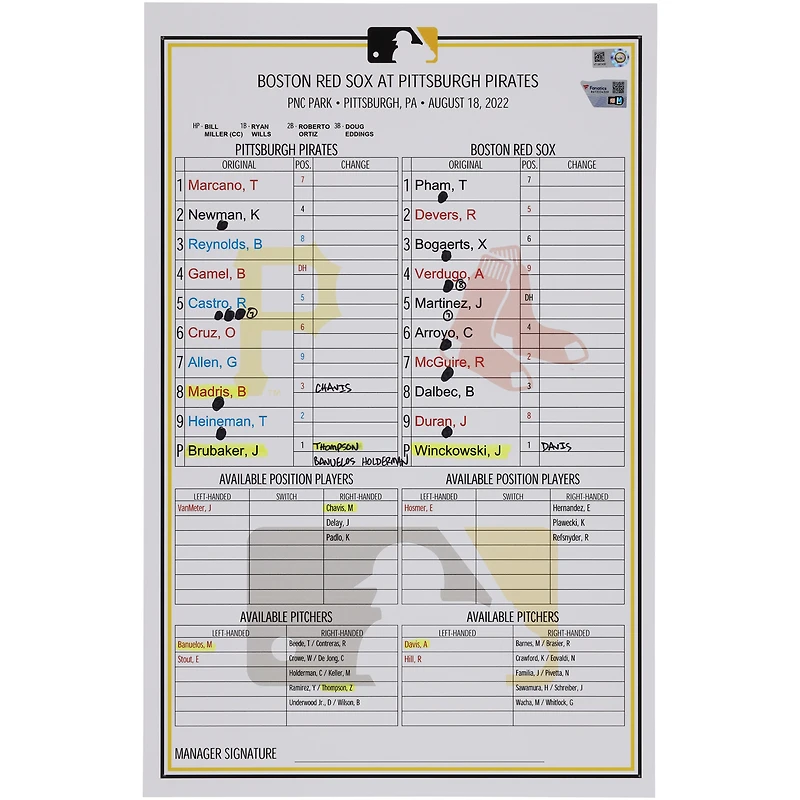 Pittsburgh Pirates Game-Used Lineup Card vs. Boston Red Sox on August 18, 2022