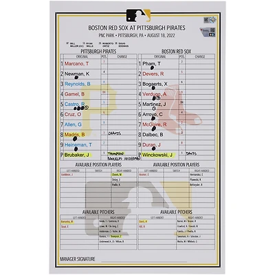 Pittsburgh Pirates Game-Used Lineup Card vs. Boston Red Sox on August 18, 2022