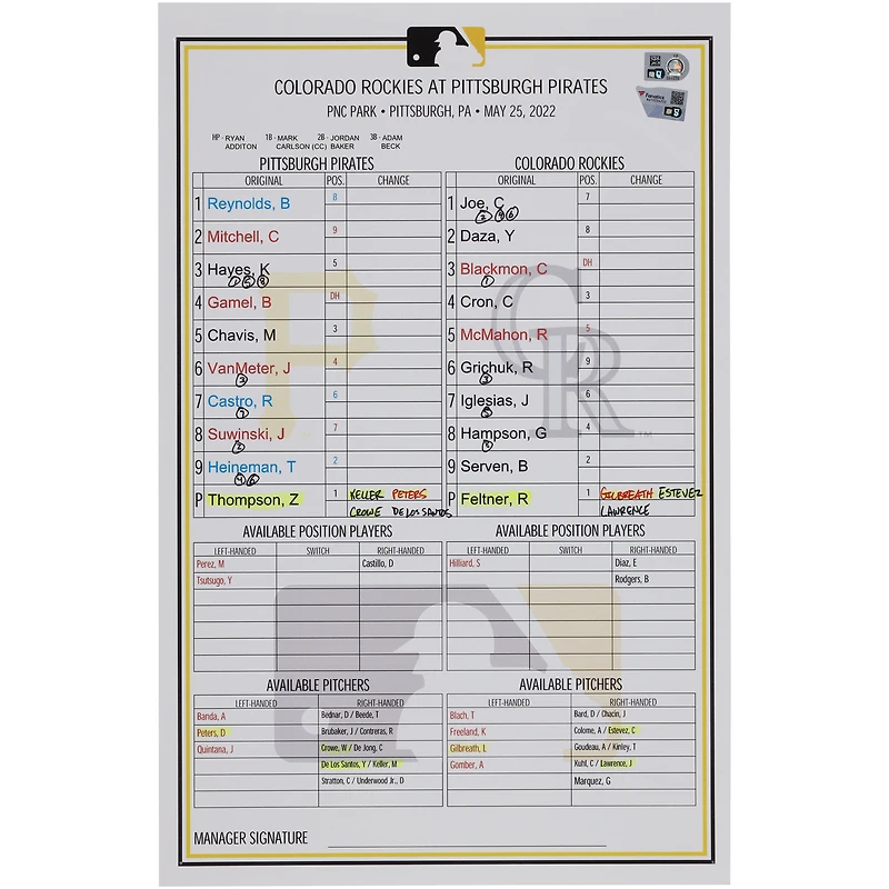 Pittsburgh Pirates Game-Used Lineup Card vs. Colorado Rockies on May 25, 2022