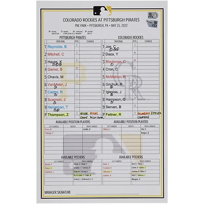 Pittsburgh Pirates Game-Used Lineup Card vs. Colorado Rockies on May 25, 2022