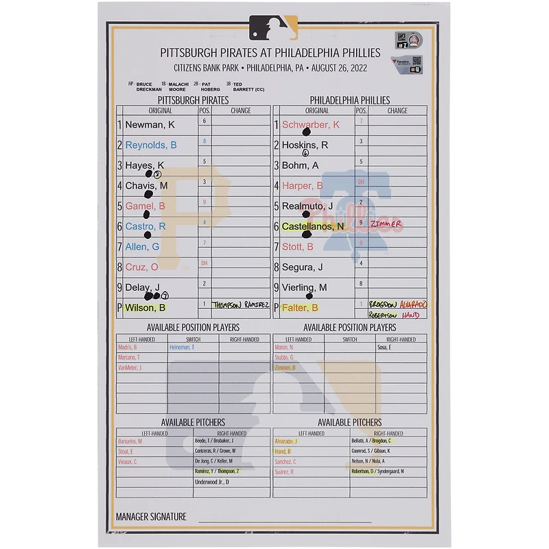 Pittsburgh Pirates Game-Used Lineup Card vs. Philadelphia Phillies on August 26, 2022