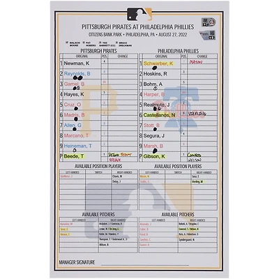 Pittsburgh Pirates Game-Used Lineup Card vs. Philadelphia Phillies on August 27, 2022