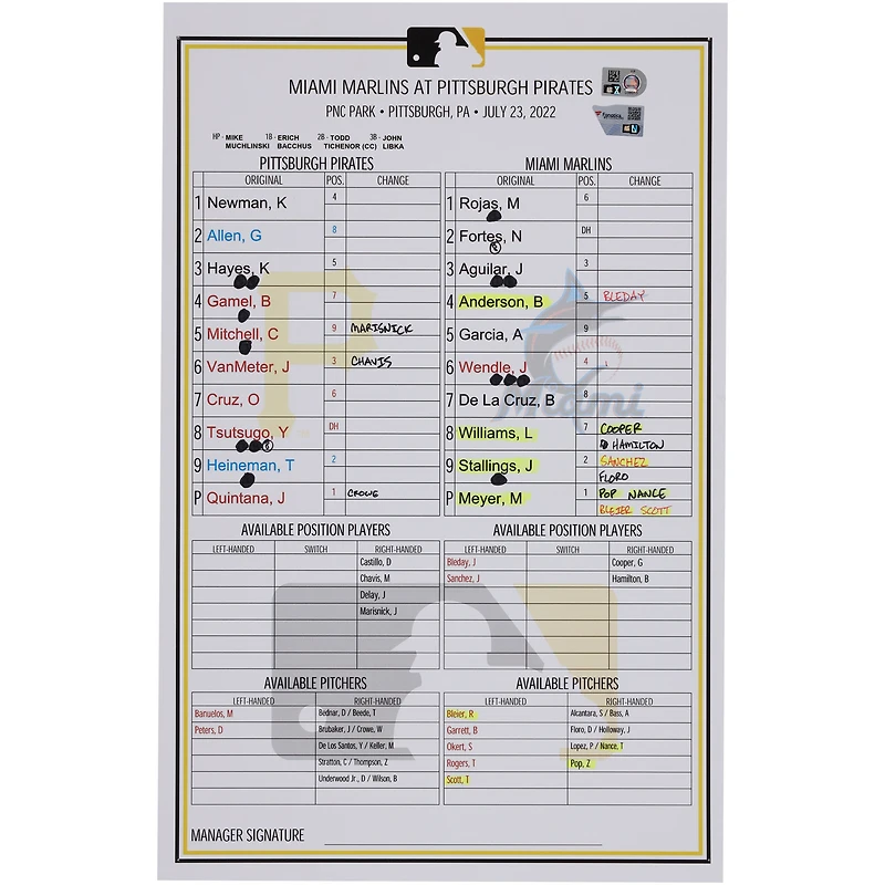 Pittsburgh Pirates Game-Used Lineup Card vs. Miami Marlins on July 23, 2022
