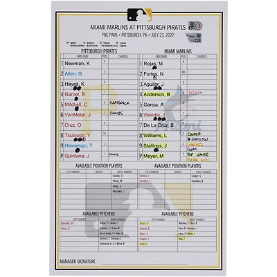 Pittsburgh Pirates Game-Used Lineup Card vs. Miami Marlins on July 23, 2022