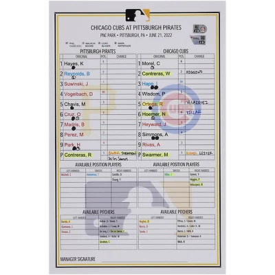 Pittsburgh Pirates Game-Used Lineup Card vs. Chicago Cubs on June 21, 2022